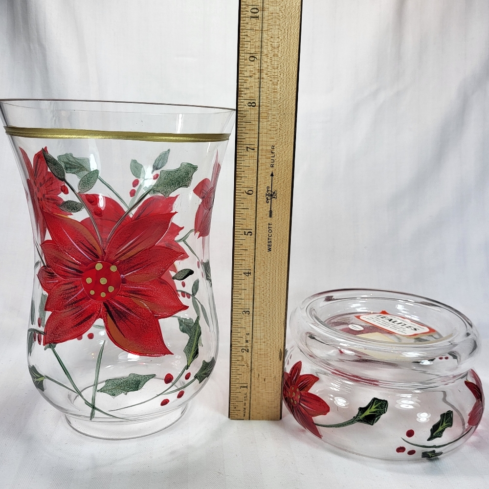 Celebrations Poinsettia Hurricane Candle Holder Glass 10" Christmas 2pc with Box - Picture 7 of 16